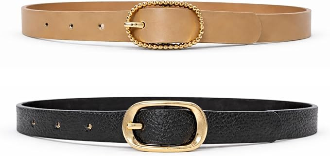 Women’s 2-Pack Skinny Belts – Slim Faux Leather Duo Waist Belts with Gold Buckle | Amazon (US)