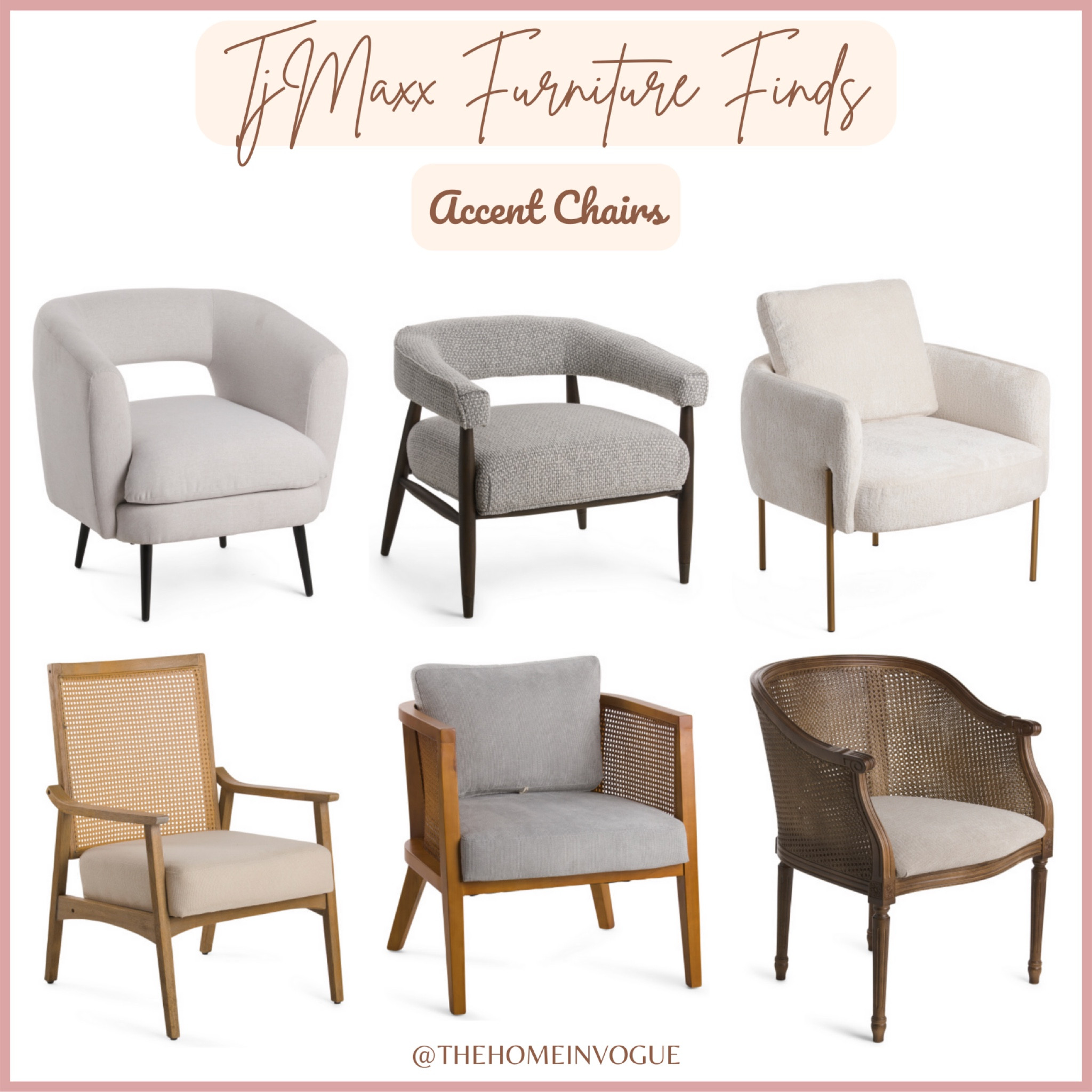 TjMaxx furniture finds, accent chairs, cane back arm chair, cane chair, arm chair, dining chair, wishbone chair, boucle accent chair, velvet chair, fabric chair 