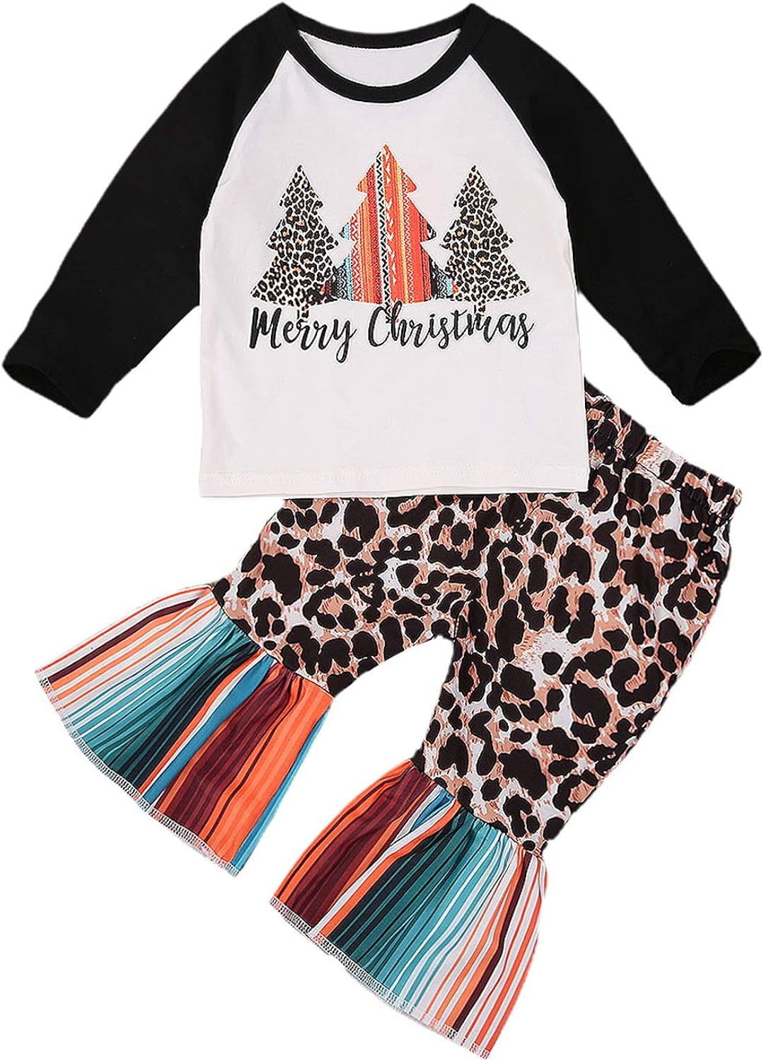 Christmas Outfits Toddler Baby Girl Red Plaid Tops + Striped Bell-Bottom Pant Fall Winter Clothes | Amazon (US)