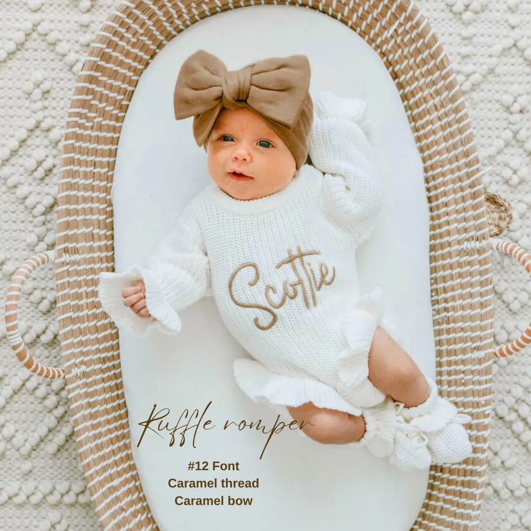 Keepsake Embroidered Knit Ruffle Romper, Personalized Newborn Name Chunky Sweater Romper Baby Gir... | Etsy (US)