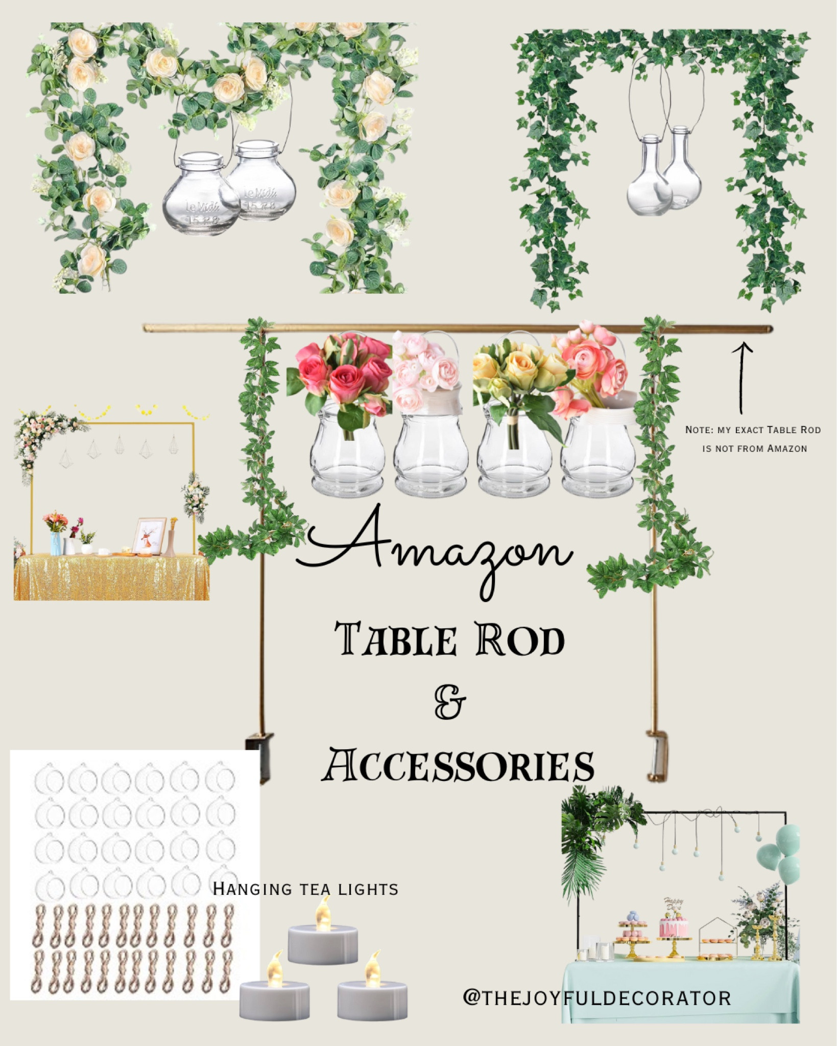 Table Rod & Accessories 

Fun for special occasions: birthday, graduation, Bridal shower, Easter, tea party, baby shower, dinner party 

Note: my exact table rod is not from Amazon. 

Hanging jars, faux florals, garlands, tea lights, hanging glass tea lights, Amazon home decor #founditonamazon 

#LTKparties #LTKhome #LTKfindsunder50