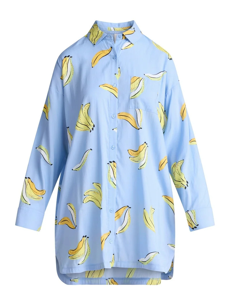 Joyspun Women’s Woven Long Sleeve Button Front Sleepshirt, Sizes XS-3X | Walmart (US)