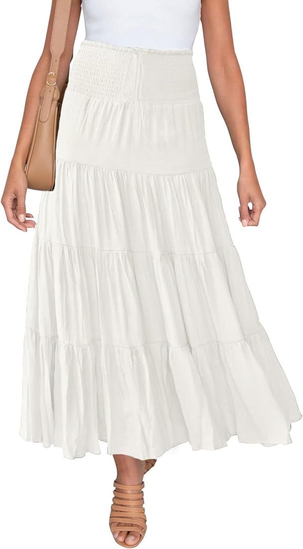 HAEOF Women's Summer Elastic High Waist Boho Maxi Skirt Casual Drawstring A Line Long Skirt | Amazon (US)