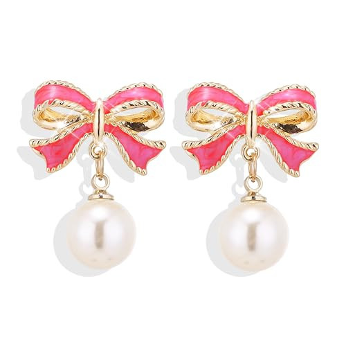 Hot Pink Bow Earrings for Women Trendy Stuff Cute Bow Pearl Drop Dangle Earrings Bowknot Stud Wedding Party Daily Jewelry Accessory Gifts | Amazon (US)