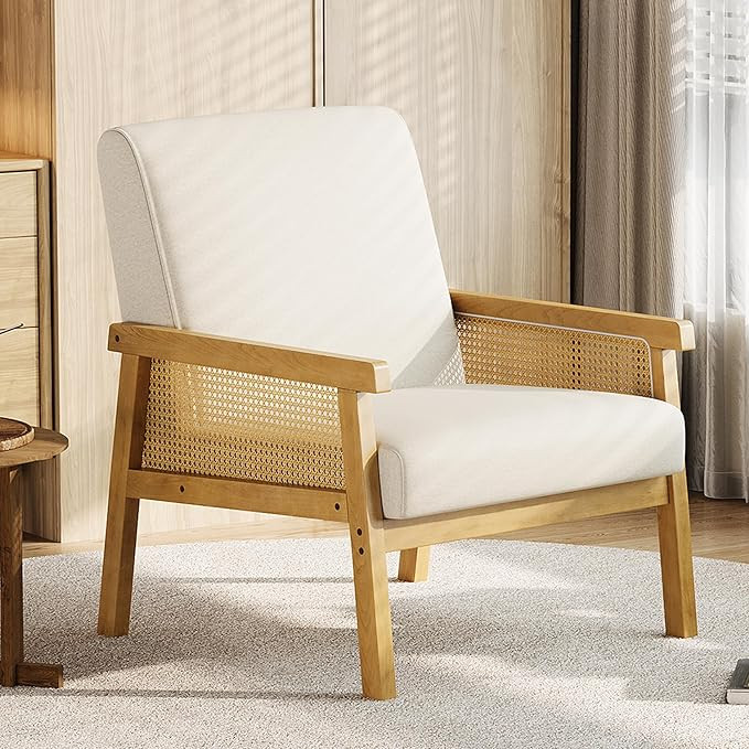 Garvee Linen Accent Chair, Rattan Armchair with Wooden Frame, High Back, Upholstered Reading Chai... | Amazon (US)
