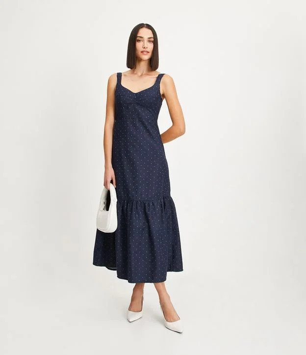 Vestido Longo de Alça em Jeans com Poás Estampados e Barra Franzida Azul | Renner (BR)