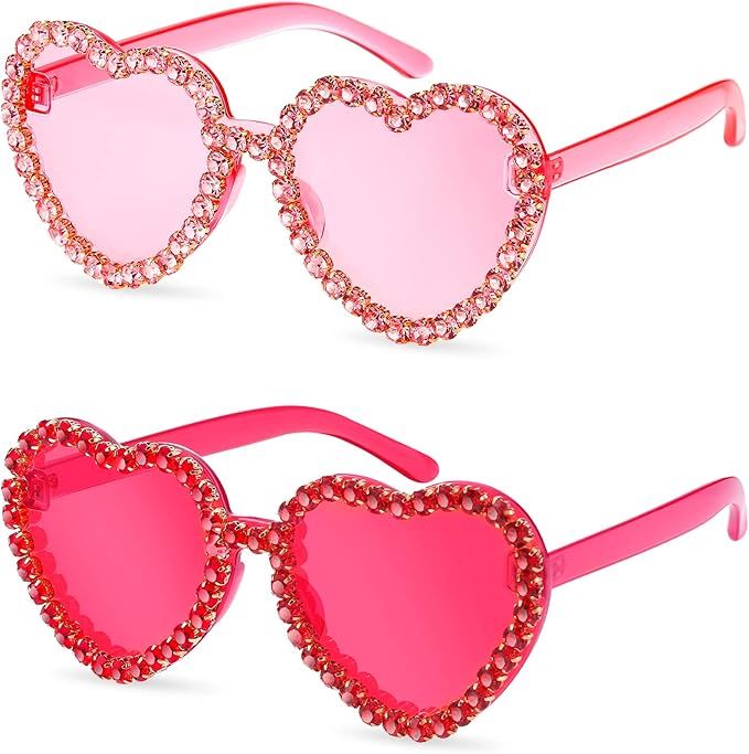 TOODOO 2 Pairs Rhinestone Heart Sunglasses Red Heart Shape Rimless Sunglasses for Women Transpare... | Amazon (US)