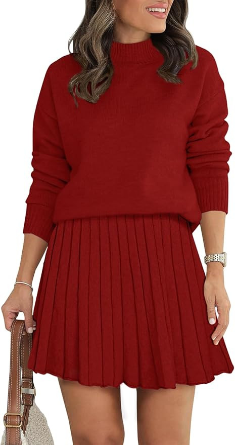 Women's Two Piece Outfits Turtleneck Long Sleeve Ribbed Knit Tops Pleated Mini Skirt 2025 Casual ... | Amazon (US)