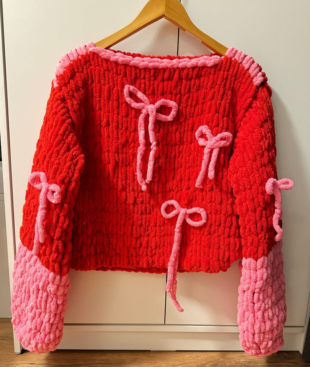 Handmade Sweaters, Hand Knit Jumper, Bow Design Crochet, Pink&red Jumper, Women's Pullover Sweate... | Etsy (US)