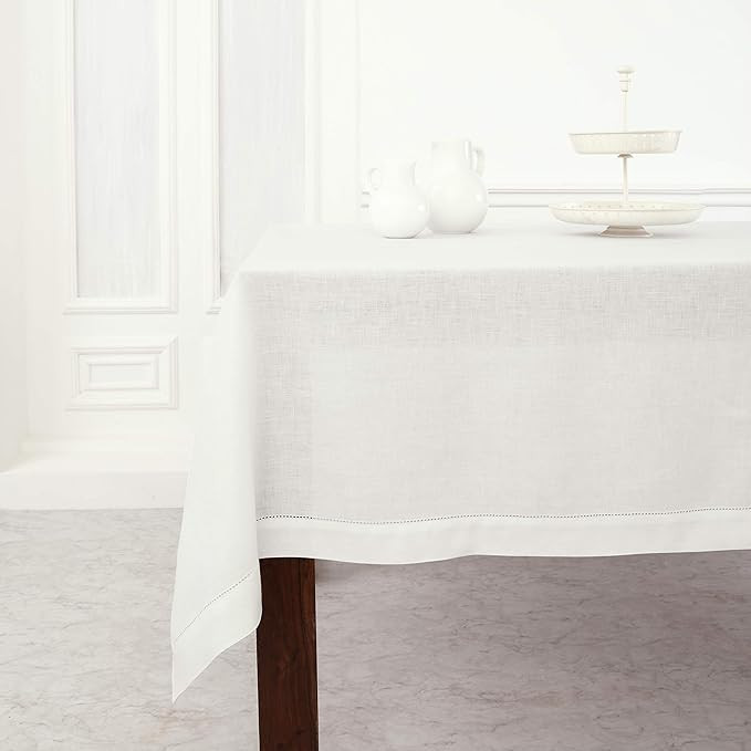 Solino Home Linen Tablecloth 60 x 108 Inch – 100% Pure Linen Classic Hemstitch Christmas White ... | Amazon (US)