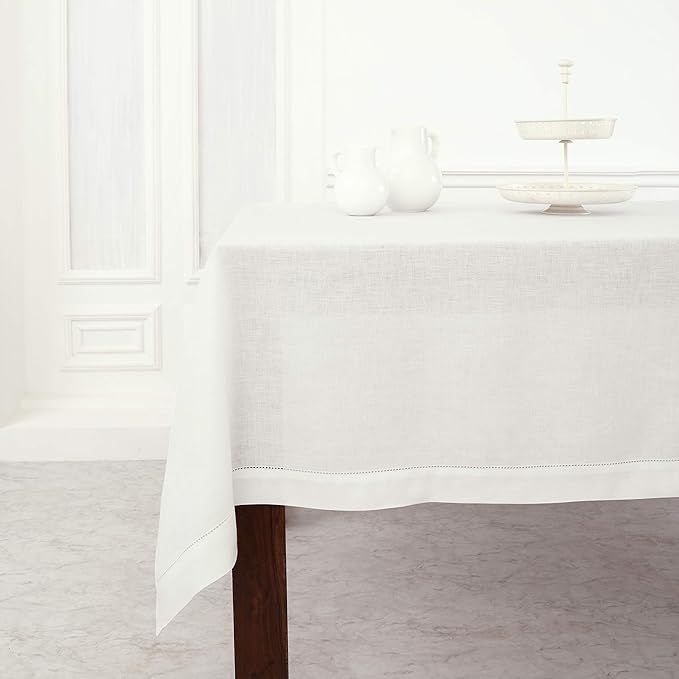 Solino Home Linen Tablecloth 60 x 108 Inch – 100% Pure Linen Classic Hemstitch Christmas White ... | Amazon (US)