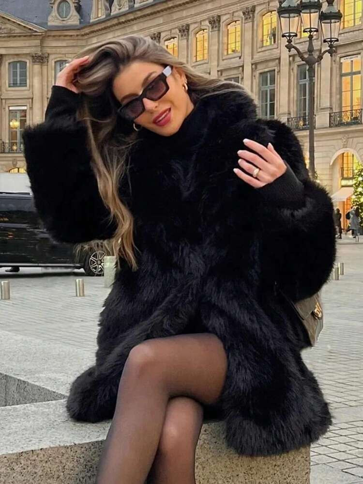 HH Women Vintage Solid Faux Fur Coat Loose Casual Long Sleeve Lapel Jacket Winter Thick Warm Outerwear Oversize Style | SHEIN
