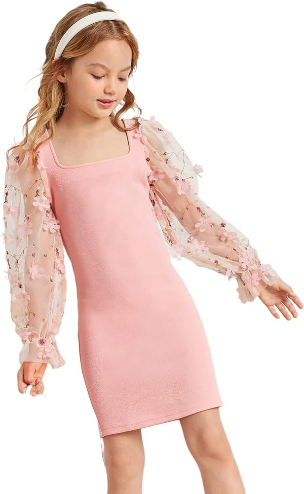 WDIRARA Girl's Sheer Mesh Flounce Long Sleeve Appliques Square Neck Dress | Amazon (US)