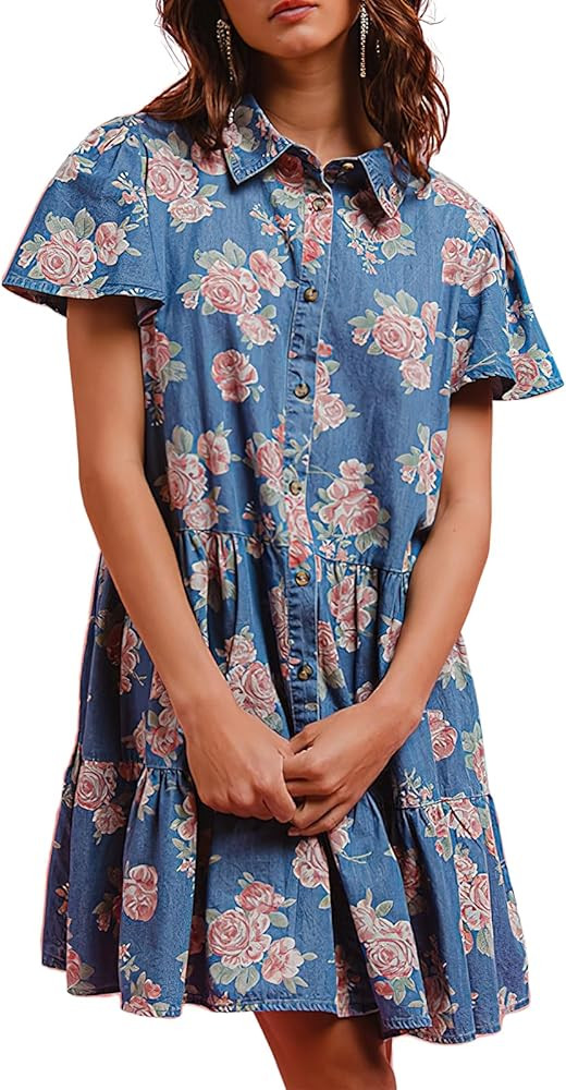 ebossy Women's Sweet Floral Denim Dress Button Up Ruffle Short Sleeve Flowy A Line Tiered Mini Sh... | Amazon (US)