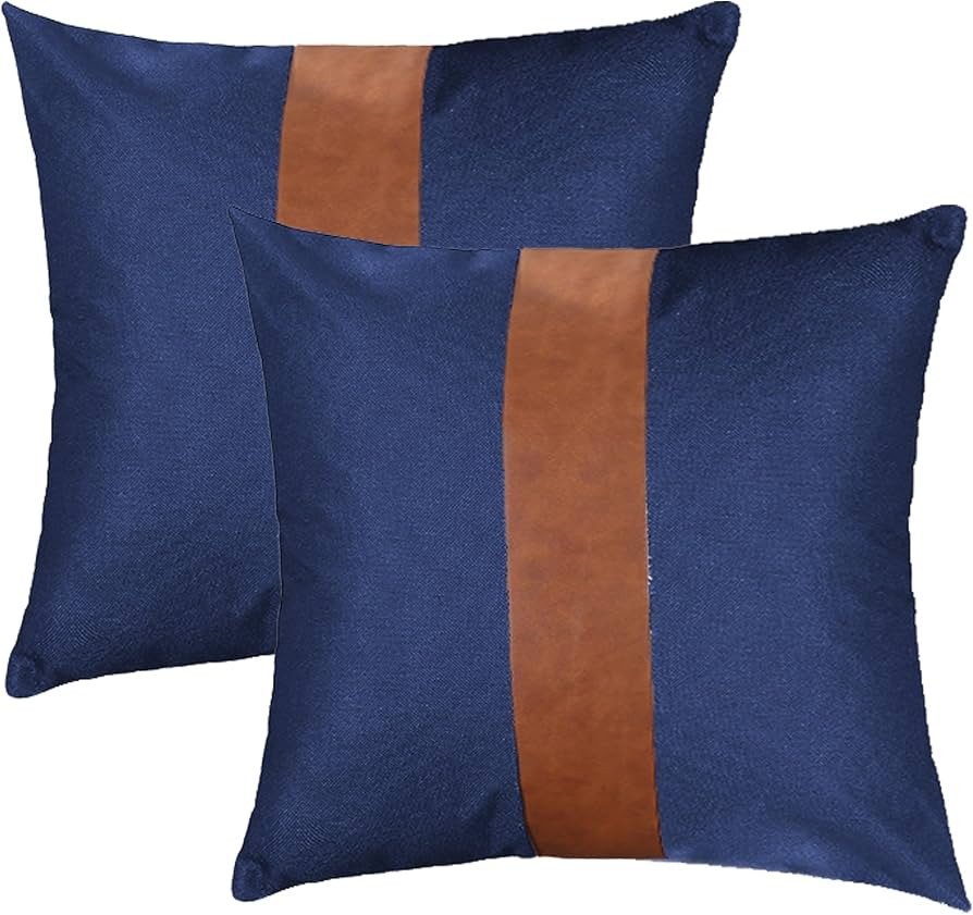 TAOSON Set of 2 Cotton Canvas Patchwork Faux Leather Throw Pillow Covers 18x18 Inch Stripe Pillow... | Amazon (US)