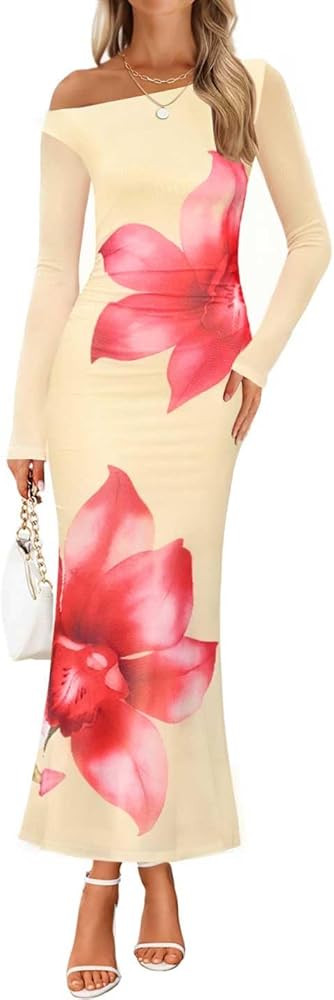 ZESICA Women's Long Sleeve Floral Maxi Dress 2025 Fall Off Shoulder Bodycon Ruched Mesh Cocktail ... | Amazon (US)