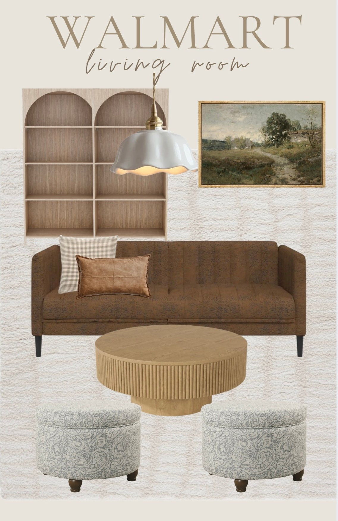 Walmart Living Room! I am loving the darker sofa and arched bookcases. Asdingnin some summer color with art and how adorable is this light 

#LTKHome