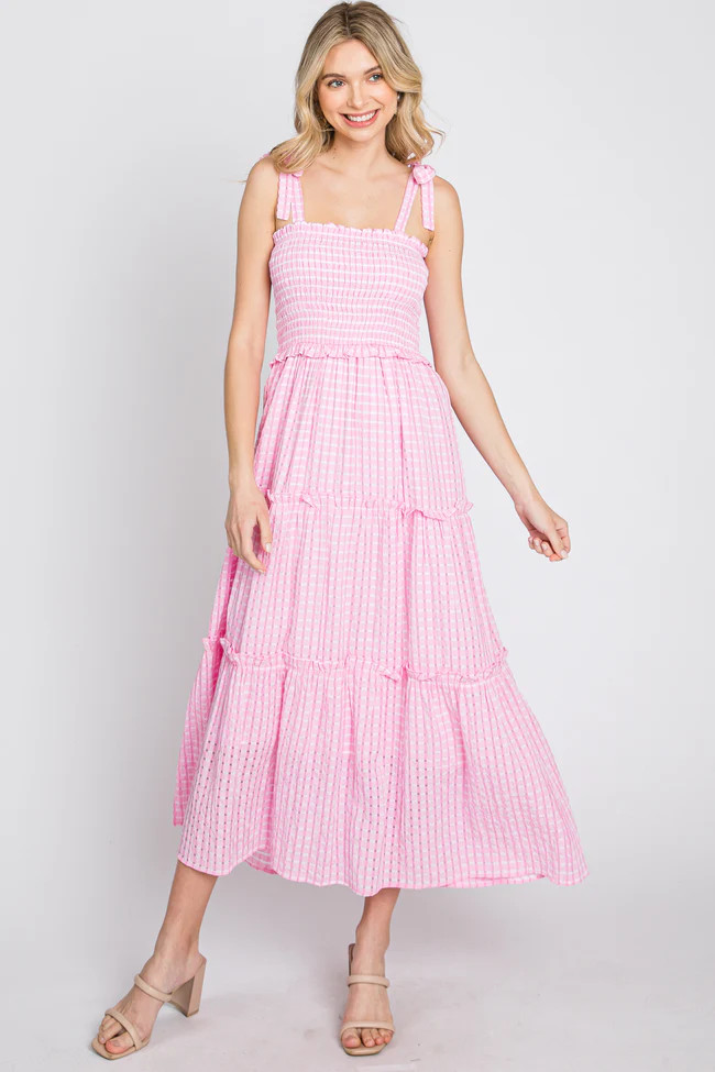 Pink Striped Smocked Shoulder Tie Midi Dress | PinkBlush Maternity