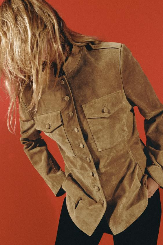 Zara - 100% Leather Jacket With Covered Buttons - Taupe Brown - Xs - Woman | Zara US