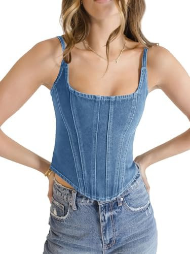 Imily Bela Womens Denim Corset Tank Tops Sleeveless Slim Fit Vest Spaghetti Strap Summer Crop Top | Amazon (US)