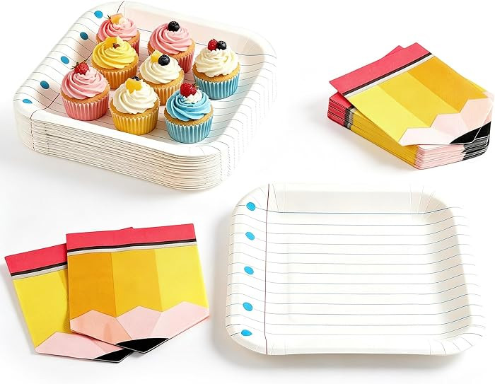 100 PCS/50 Set Back to School Paper Plates and Napkins 9 inch Disposable Notebook Plates First Da... | Amazon (US)