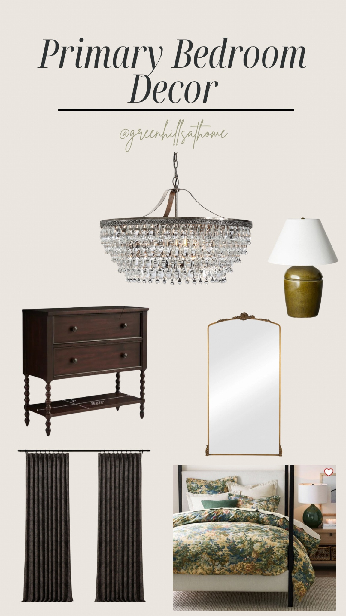 Sophisticated Primary bedroom decor
Pottery Barn chandelier
Pottery Barn duvet/bedding
Wayfair chest
Lulu and Georgia floor Mirror
Two Pages curtains
Target Lamps