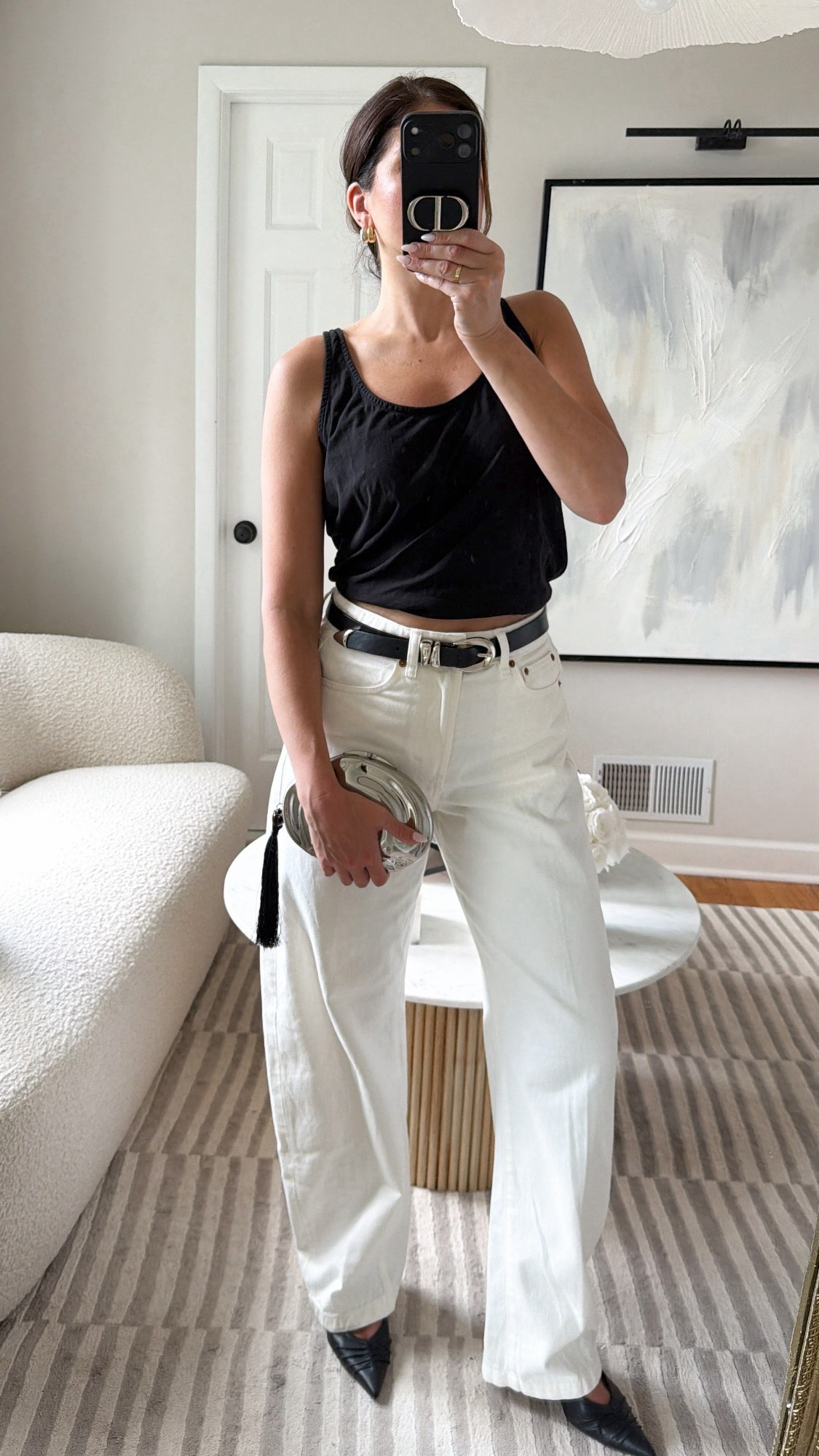 Gap X Victoria Beckham denim, tassel clutch, black and silver affordable belt, outfit idea, summer.

#LTKootd