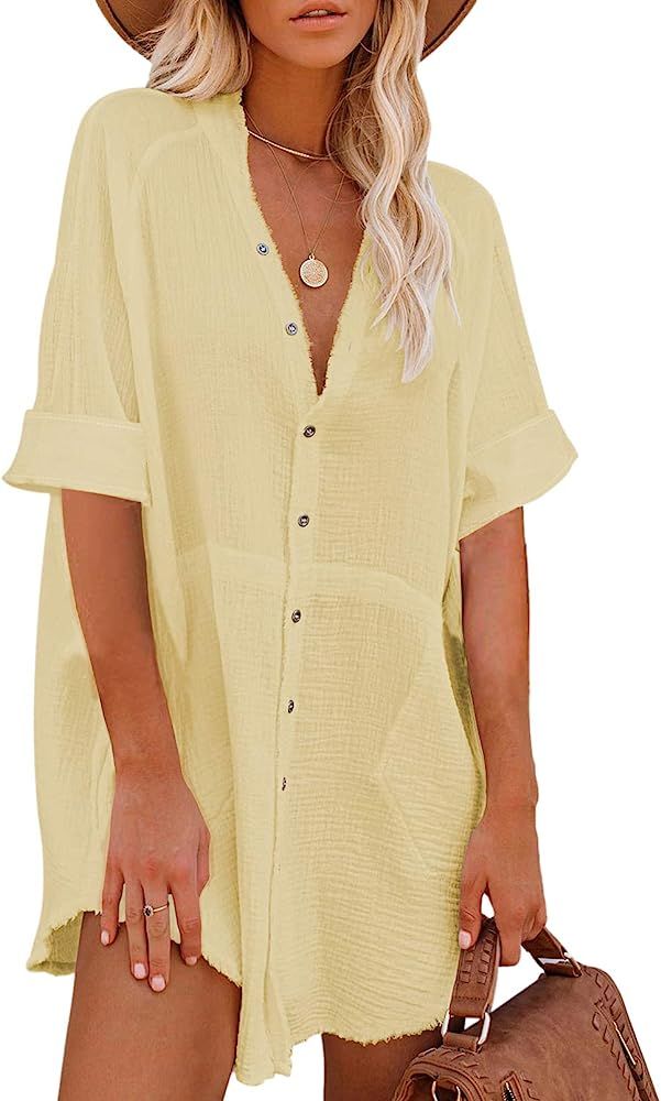 Pink Queen Women V Neck Button Down Dress Casual Loose Tunic Blouse Shirt Dresses Loungewear Yellow  | Amazon (US)