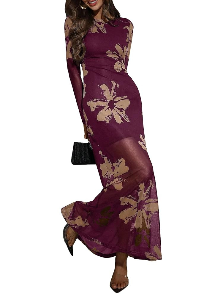 Verdusa Women's Floral Mesh Maxi Dresses Long Sleeve Elegant Formal Fall Wedding Guest Dress Cock... | Amazon (US)