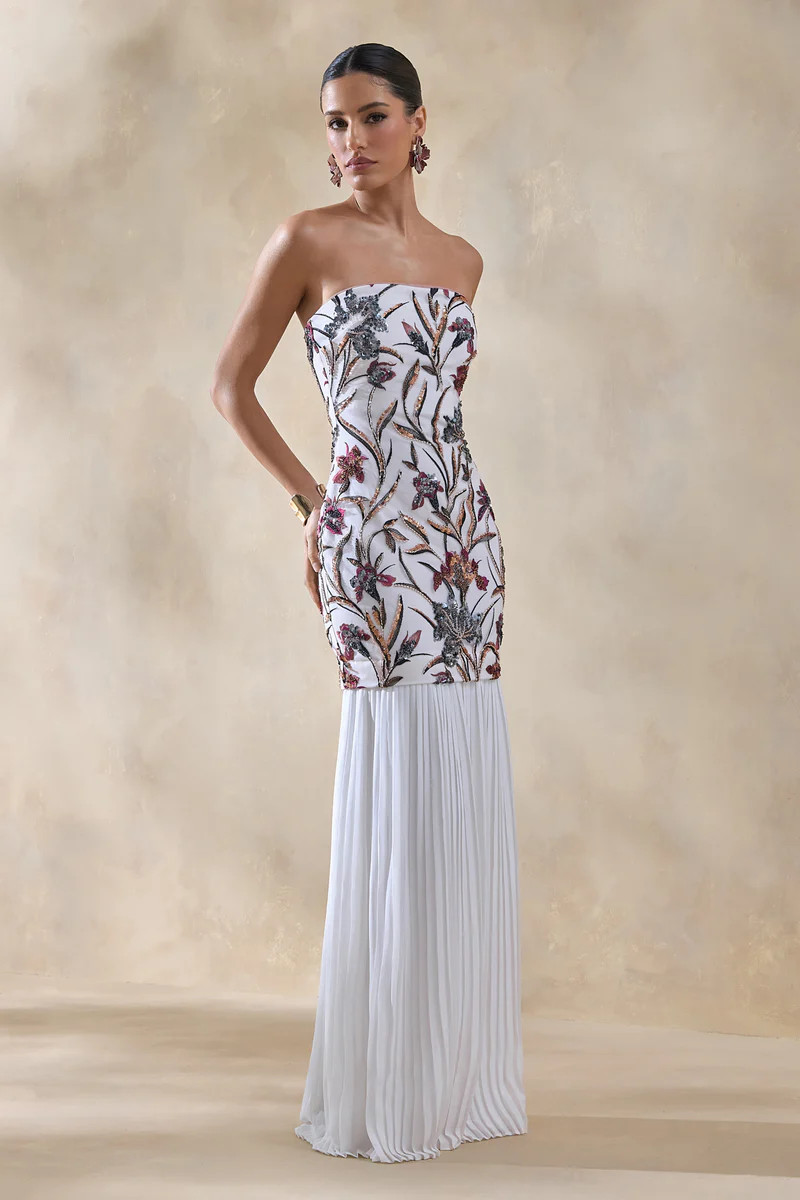 Denise  Cream Sequin Floral Bandeau-Neck Embellished Maxi Dress With Drop-Waist And Mesh Skirt | Club L London