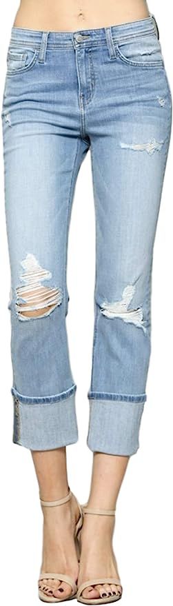 Flying Monkey Women's Light Wash High Rise Distressed Slim Straight Leg Ankle Jeans with Cuffed H... | Amazon (US)