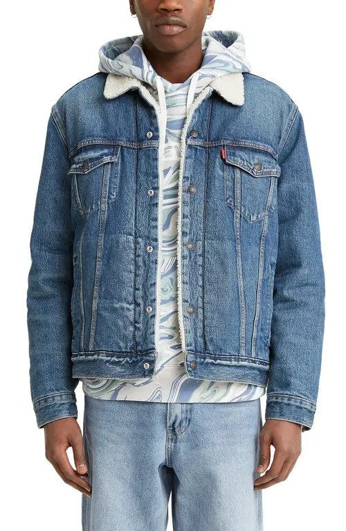 levi's Levis® Fleece Denim Trucker Jacket in Fable Sherpa Trucker at Nordstrom, Size Large | Nordstrom