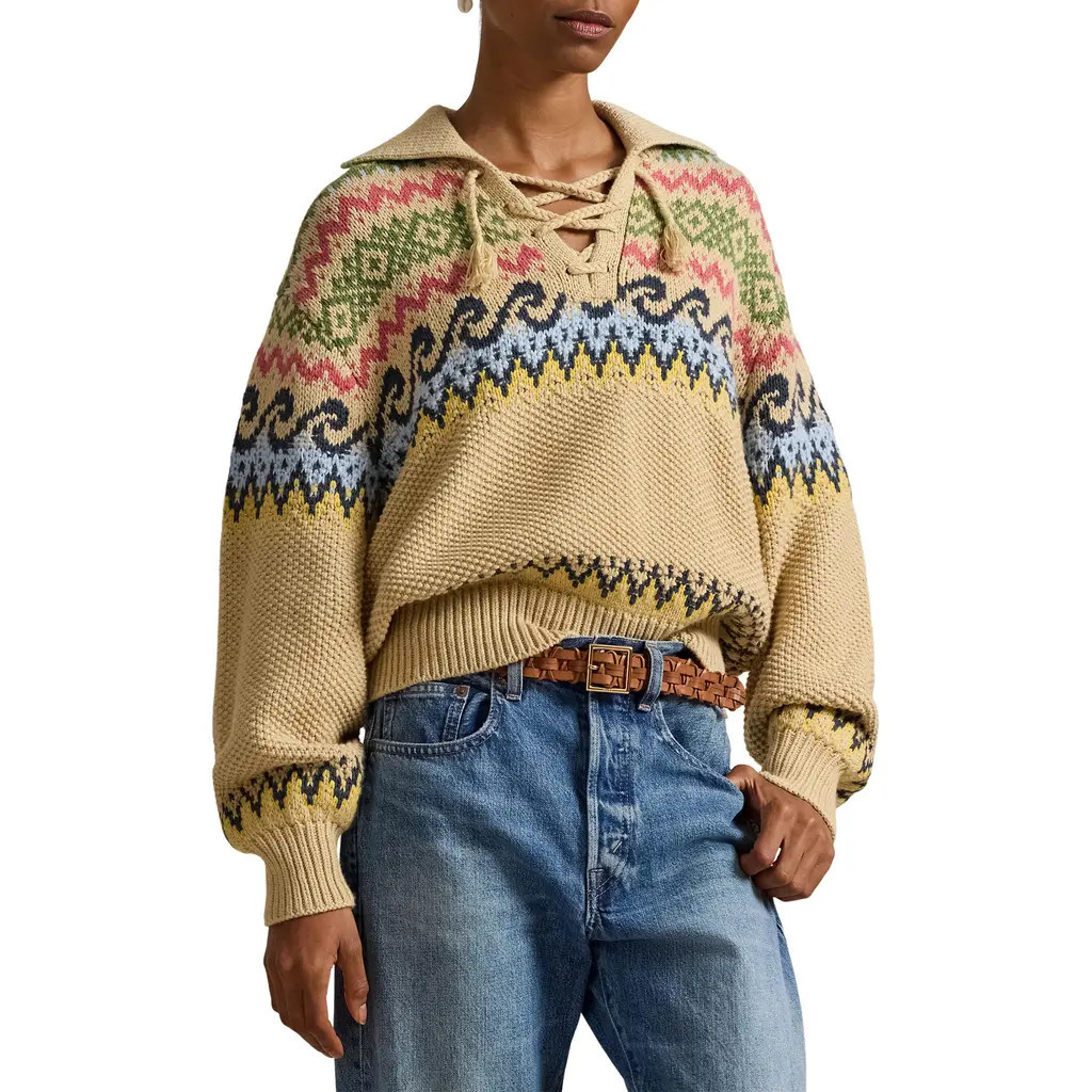 Polo Ralph Lauren Fair Isle Cotton & Wool Blend Sweater in Tan Multi at Nordstrom, Size Large | Nordstrom