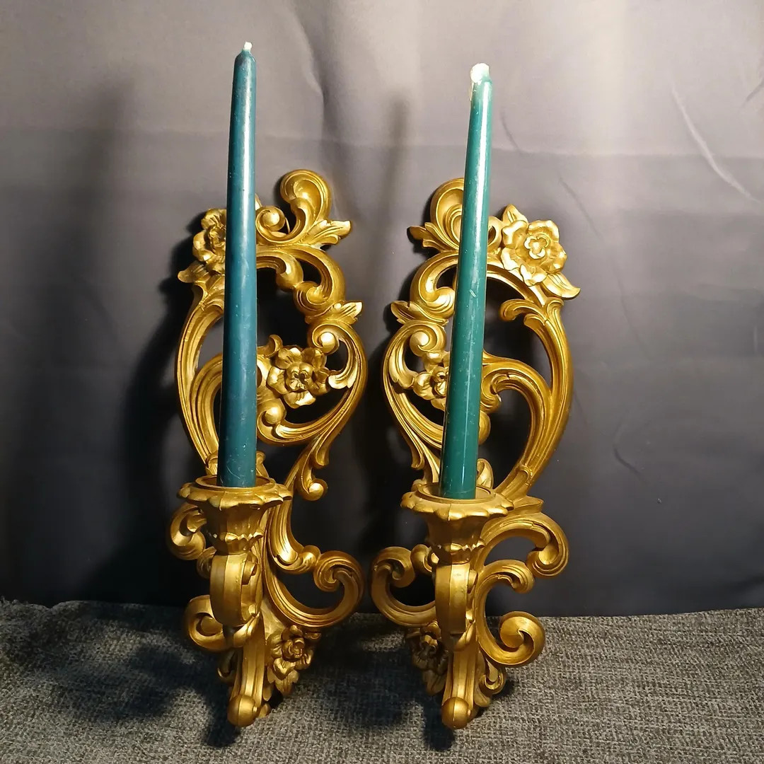 Set of 2 Gold HOMCO Molded Plastic Wall Sconces/Candle Holders - 1971 | Etsy (US)