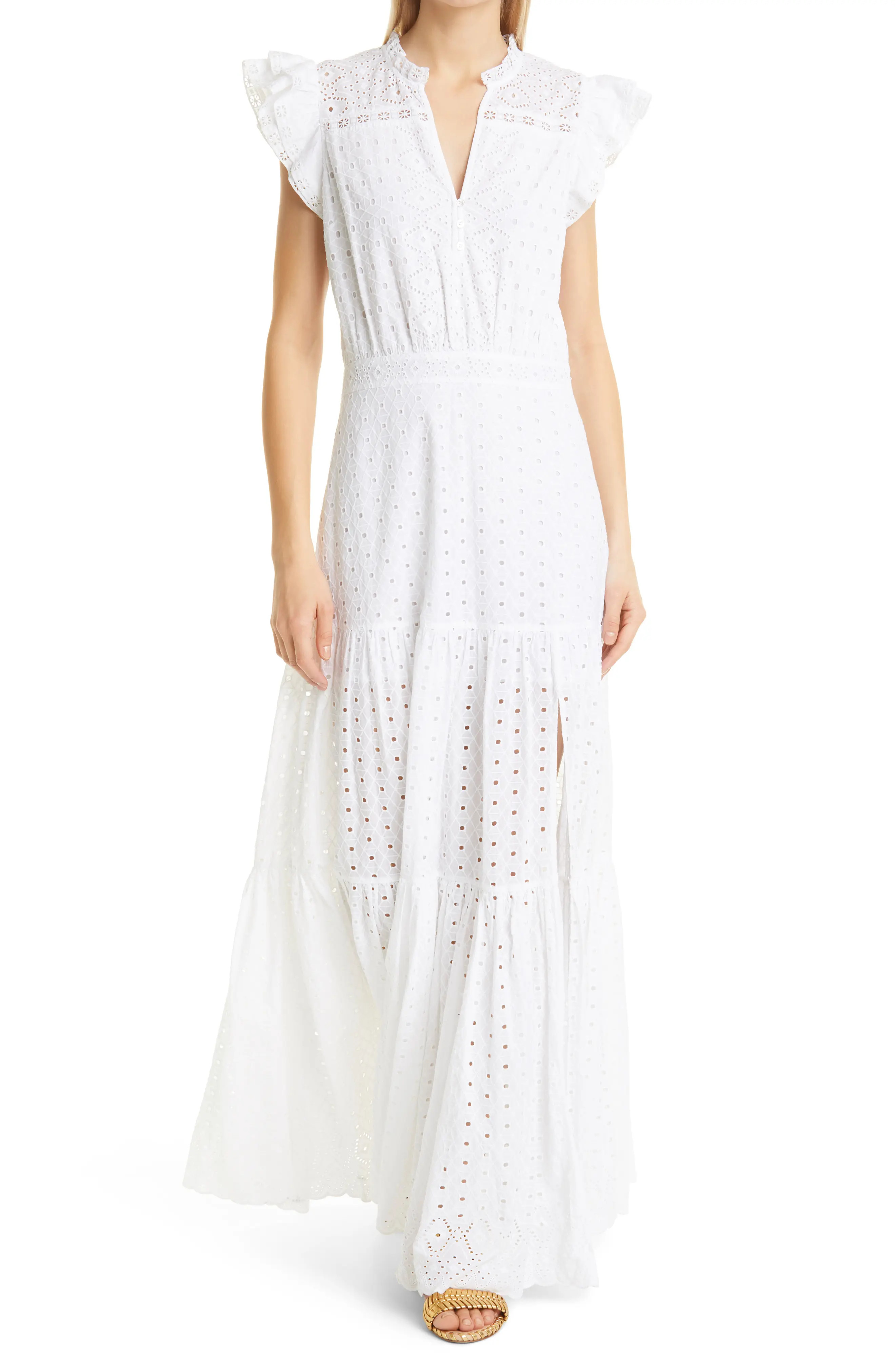 Women's Veronica Beard Satori Flutter Sleeve Maxi Dress, Size 16 - White | Nordstrom