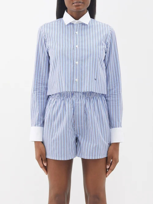 Hommegirls - Contrast-collar Striped Cotton Cropped Shirt - Womens - Blue Stripe | Matches (US)