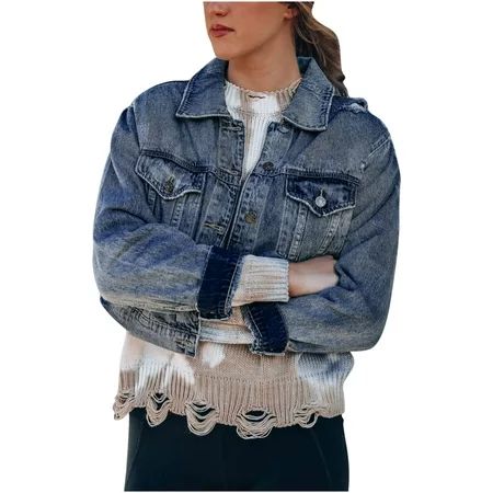 jsaierl Women s Crop Denim Jackets Oversize Long Sleeve Basic Button Down Cropped Jean Jacket with P | Walmart (US)