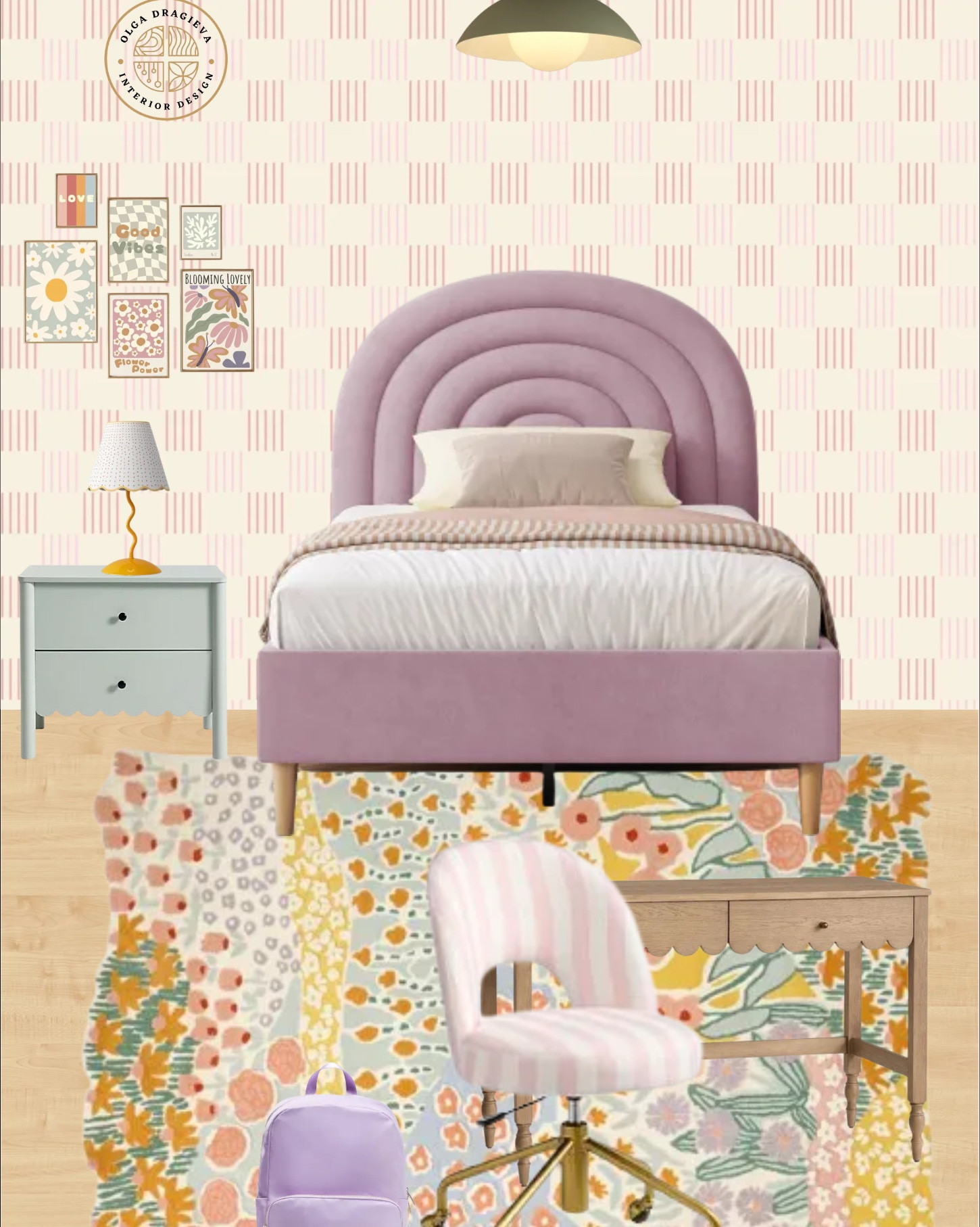 Fun and colorful teen girl bedroom design! I love the purple bed from Wayfair! Very affordable as well. Gorgeous desk from Pottery Barn and colorful rug from West Elm. Affordable art prints from Etsy. The lovely wallpaper is Chasing Paper! The AI program still needs some work—apparently you need to have two nightstands, but it gives you the idea! 😀#homedecor #teenbedroom

#LTKFamily #LTKHome #LTKKids