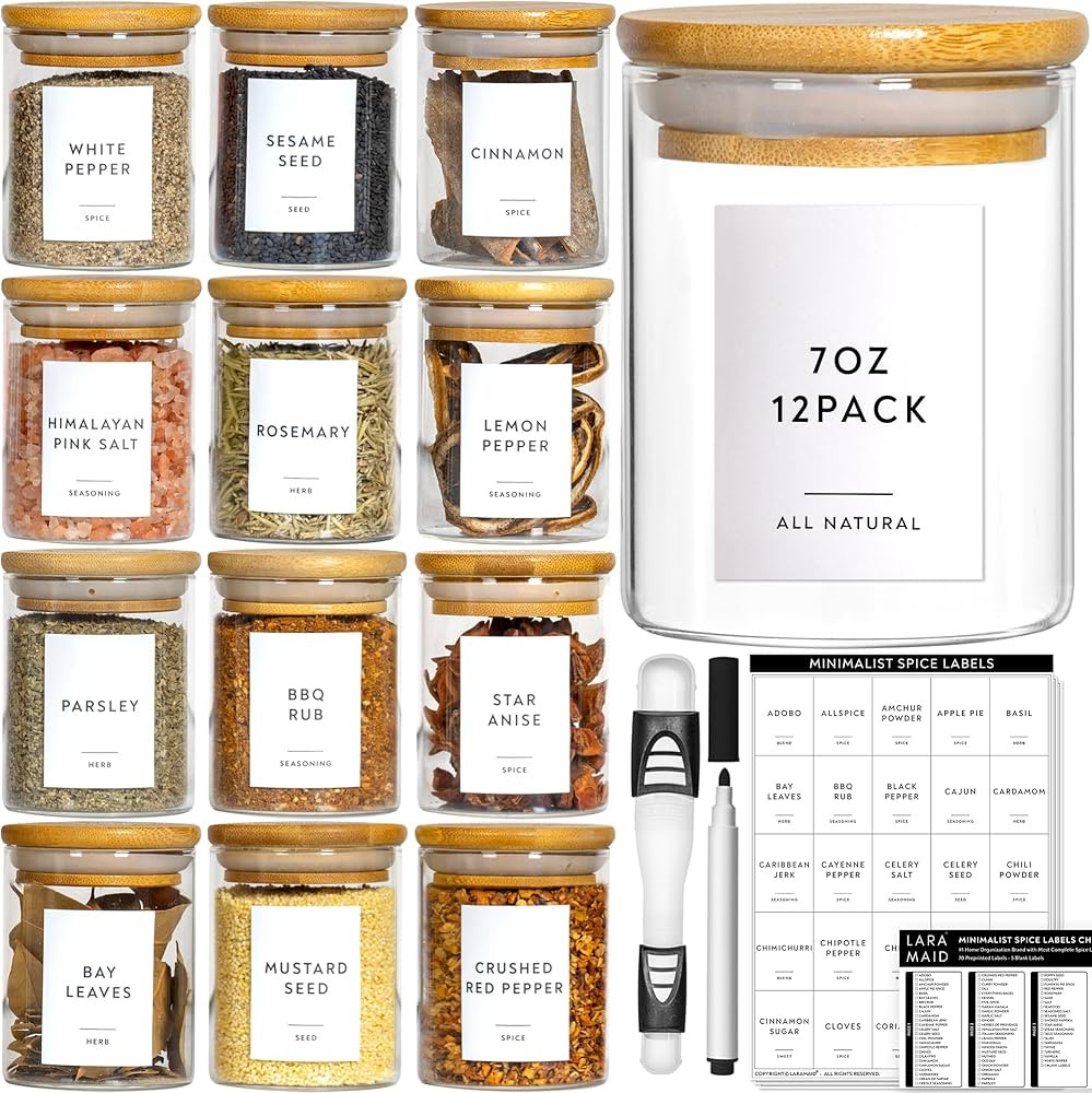 Laramaid 6oz 12Packs Glass Jars Set, Cylinder Spice Jars with Bamboo Lids and Customized Labels, ... | Amazon (US)