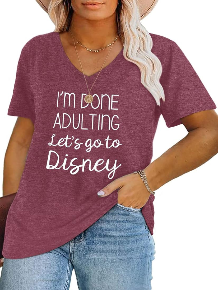 Women Plus Size I'm Done Adulting V Neck Shirts Funny Summer Holiday Casual Crew Neck T-Shirt(XL~... | Amazon (US)