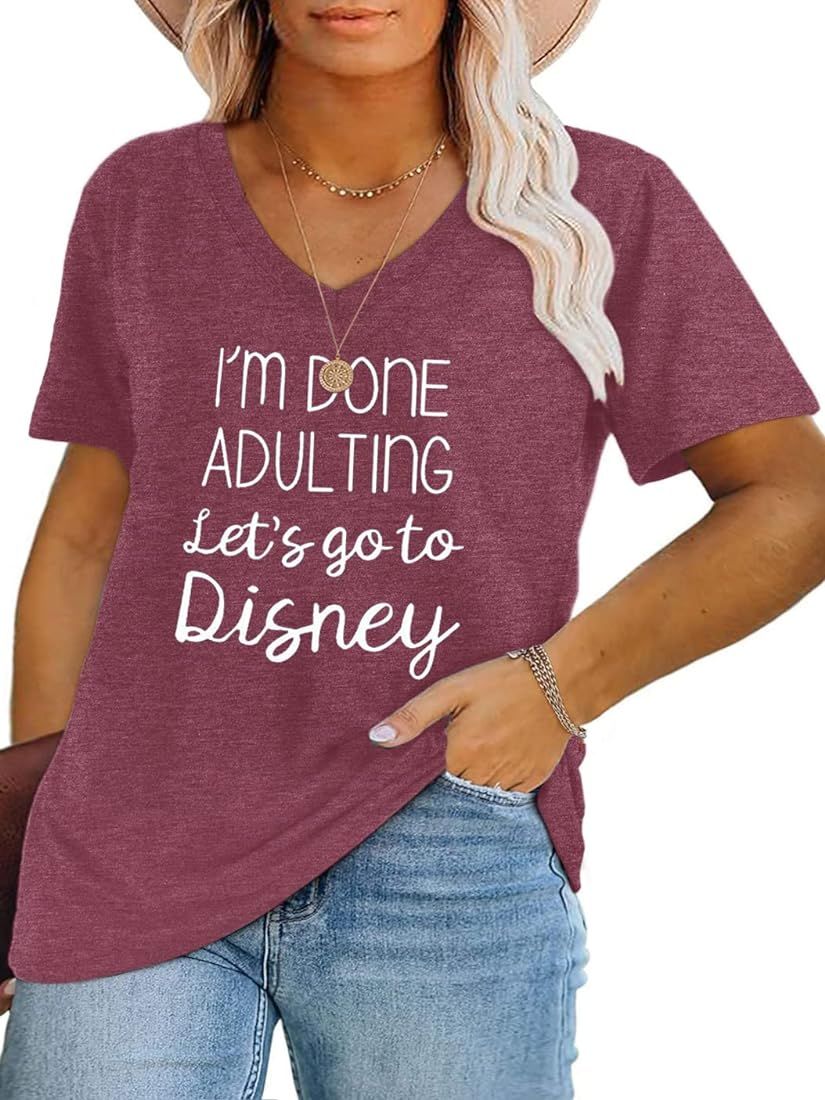 Women Plus Size I'm Done Adulting V Neck Shirts Funny Summer Holiday Casual Crew Neck T-Shirt(XL~... | Amazon (US)