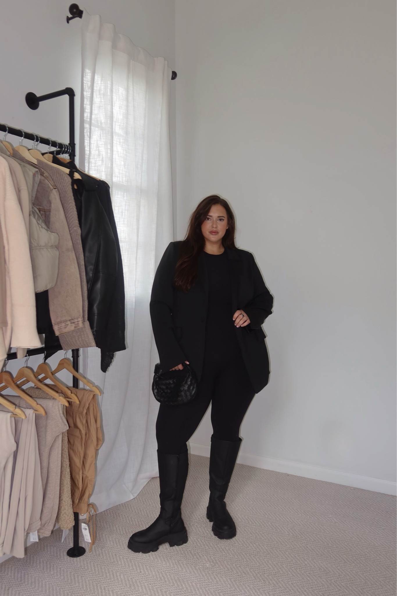 Easy plus size fall fit 🖤 
Onesie is aritzia 
Boots are sold out so added another black pair that fit my 19 inch calves
Blazer is worth every penny 