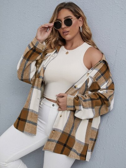 Plus Plaid Flap Pocket Drop Shoulder Overcoat | SHEIN