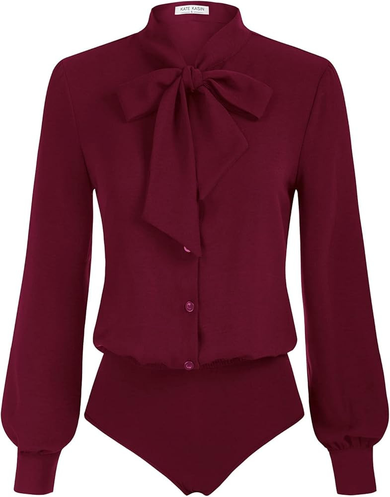 Kate Kasin Women Bow Tie Neck Office Blouse Button Down Long Sleeve Bodysuits Blouse Top | Amazon (US)