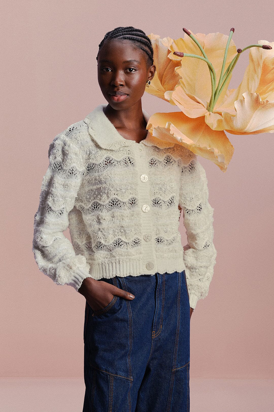 Mixed Stitches Off-White Knit Cardigan | FarmRio (US)