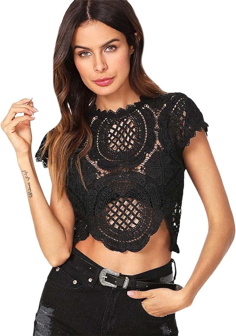 WDIRARA Women's See Through Mesh Lace Crop Top Crochet Short Sleeve Embroidered Tops | Amazon (US)