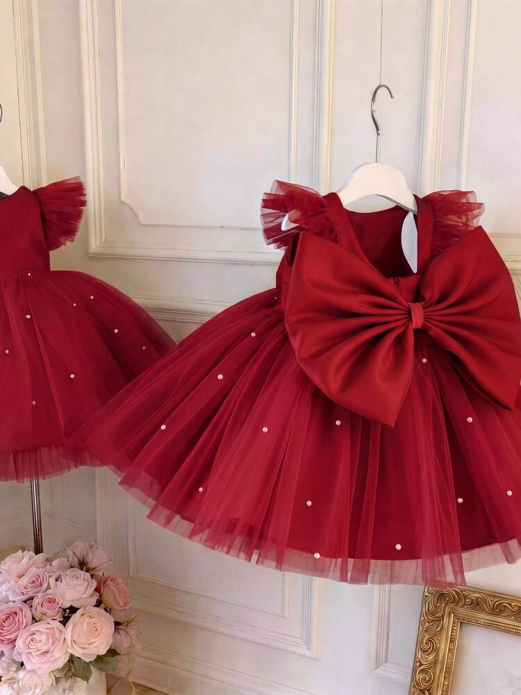 Baby Girls Burgundy Cap Sleeve Bow Beaded Mesh Elegant Party Dress, Princess Dress Suitable For G... | SHEIN