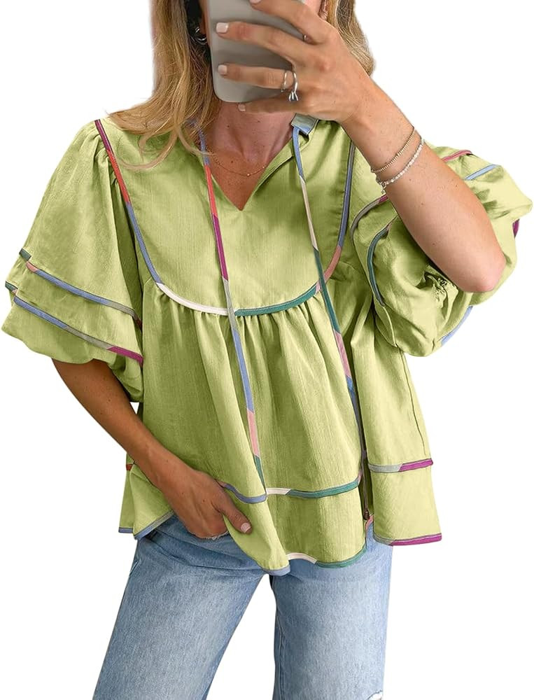 Cicy Bell Womens Summer Babydoll Tops V Neck Short Lantern Sleeve Shirts Cute Loose Fit Peplum Fl... | Amazon (US)