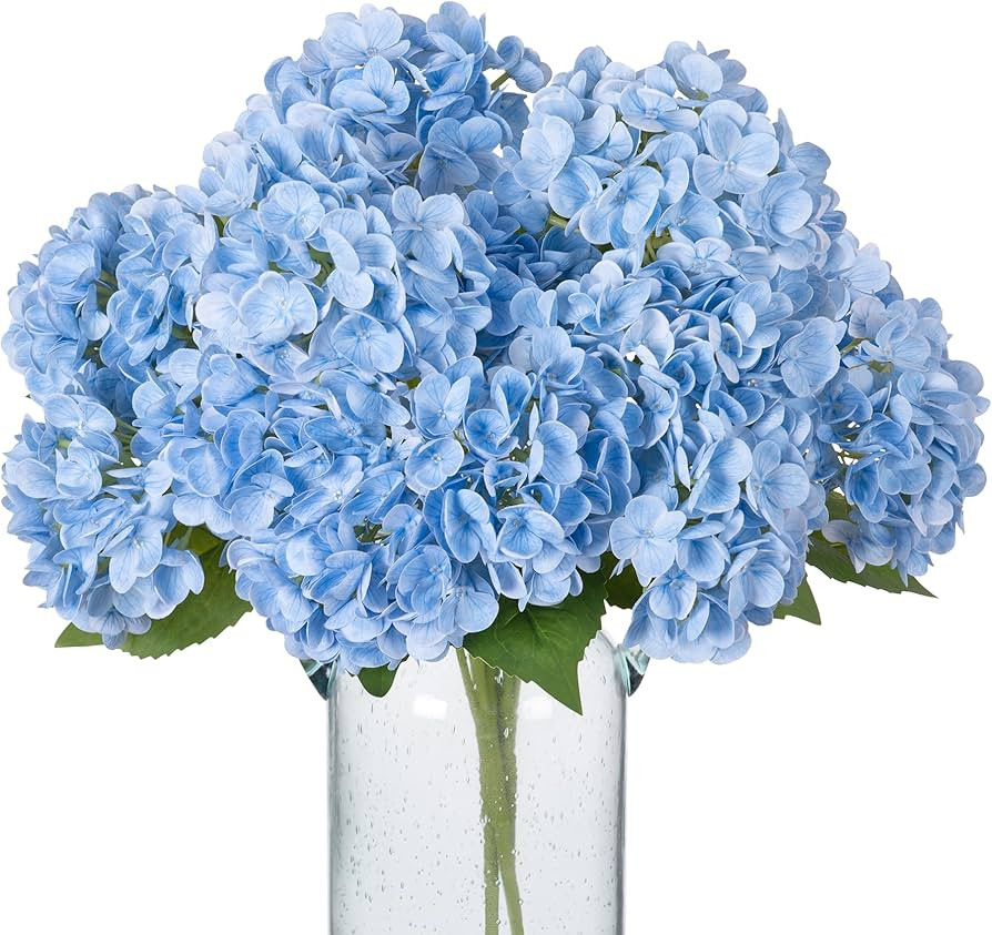 Artificial Flowers Fake Hydrangea with Latex Real Touch, 3Pcs 18" Faux Light Blue Hydrangeas with... | Amazon (US)