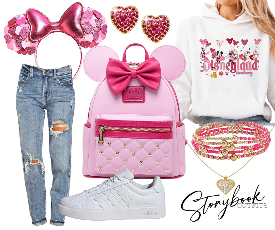 Soft pink Minnie ears, quilted Loungefly, cozy Disneyland hoodie, stacked heart jewelry, relaxed denim, and classic platform sneakers — this Storybook Outfit is made for Disney Valentine season park days and all things pink Disney magic! 

 #LTKTravel